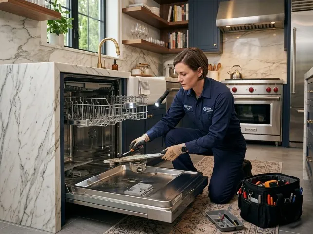 Appliance Repair Hero technician servicing a built-in dishwasher in a Bronson, TX kitchen