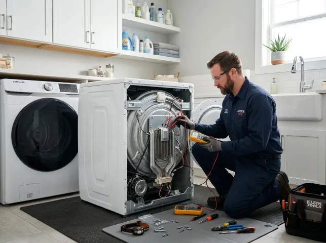Appliance Repair Hero technician checking a dryer heating element with the rear panel off in Bronson, TX