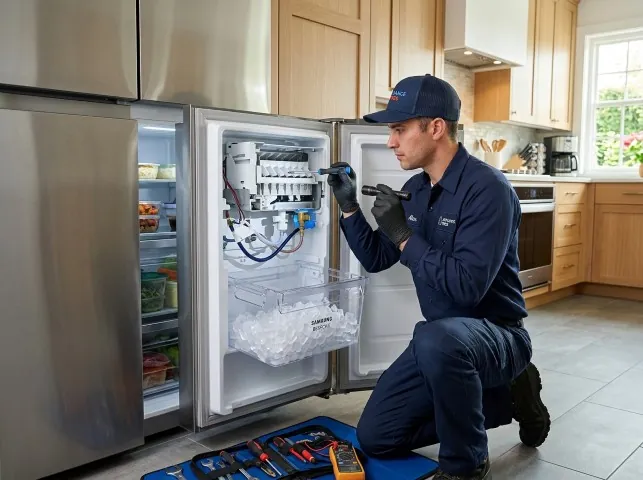 Appliance Repair Hero technician repairing a refrigerator ice maker in Bronson, TX