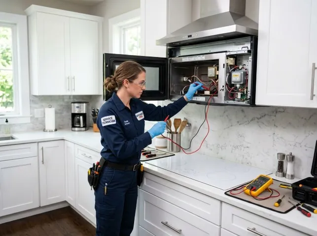Appliance Repair Hero technician testing an over-the-range microwave in a Bronson, TX kitchen
