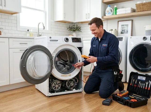 Appliance Repair Hero technician testing a front-load washer with a multimeter on a Bronson, TX service call